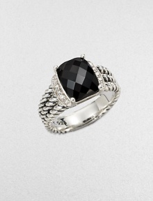 From the Petite Wheaton Collection. A stunning, faceted black onyx stone flanked by brilliant diamonds on a sterling silver, triple-row shank. Black onyx Diamonds, .1 tcwSterling silverImported From the Petite Wheaton Collection. A stunning, faceted black onyx stone flanked by brilliant diamonds on a sterling silver, triple-row shank. Black onyx Diamonds, .1 tcwSterling silverImported