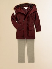 Triple the warmth and comfort, this 3-in-1 parka has a hooded, fuzzy-lined top layer, plenty of pockets and a drawstring waistband