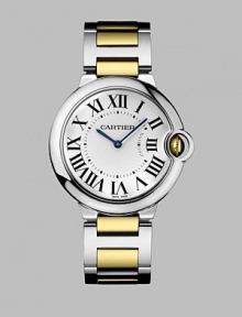 From the Ballon Bleu Collection. Understated and elegant, in stainless steel with 18k gold accents and an automatic movement. Automatic movement Water-resistant to 3ATM Round stainless steel case; 36.5mm diameter (1.44) Polished bezel Inset stem White dial Roman numerals Link bracelet; 11mm wide (.43) Deployant clasp Made in Switzerland