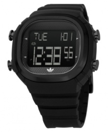 Power through any activity with this ultra-sleek sports watch from adidas. Black polyurethane strap and rectangular polycarbonate case. Black negative display digital dial with ten-lap memory, timer, chronograph, date and alarm. Quartz movement. Water resistant to 50 meters. Two-year limited warranty. Power through any activity with this ultra-sleek sports watch from adidas. Black polyurethane strap and rectangular polycarbonate case. Black negative display digital dial with ten-lap memory, timer, chronograph, date and alarm. Quartz movement. Water resistant to 50 meters. Two-year limited warranty.