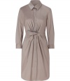 Luxurious dress in fine, beige cotton blend - Tremendously elegant and sophisticated but can be dressed down for a chic, casual look, too - Fashionable, draped blouse cut with collar, concealed placket and long sleeves - Slim, knee-length skirt - Rounded seam edges with slight side slit - Wear for a modern business look with favorite heels and simple accessories