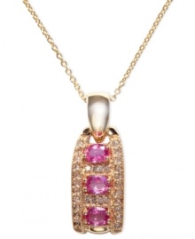 Make a stunning statement. EFFY Collection's pendant is crafted from 14k gold with round-cut pink sapphires (3/4 ct. t.w.) providing a vibrant touch. Diamonds (1/6 c.t. t.w.) add to the appeal. Approximate length: 18 inches. Approximate drop length: 9/10 inch. Approximate drop width: 1/3 inch.