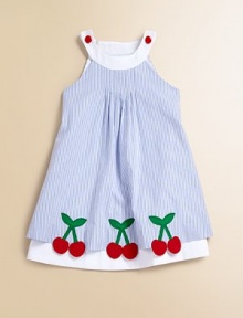 Vivid cherries adorn the front of this A-line seersucker frock for a sweet and juicy ensemble.JewelneckSleevelessFront shoulder buttonsCottonMachine washImported Vivid cherries adorn the front of this A-line seersucker frock for a sweet and juicy ensemble.JewelneckSleevelessFront shoulder buttonsCottonMachine washImported