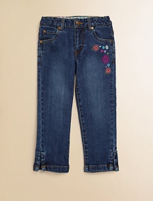 A vivid floral embroidery adorns these slightly faded jeans with adjustable waistband and a little stretch for the perfect fit.Front button closureAdjustable waistband with belt loopsZip flyFive-pocket styleSide-vented hem98% cotton/2% spandexMachine washImported