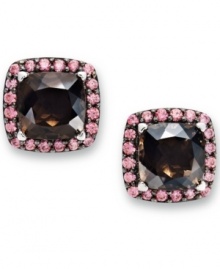 Shift into neutral. These stunning sterling silver earrings highlight a square-cut smokey quartz (4-3/4 ct. t.w.) and a halo of round-cut pink Swarovski zirconias (1-3/8 ct. t.w.). Approximate diameter: 1/2 inch.