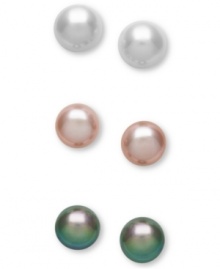 Polish just about any look with the perfect hue. This 3-piece stud earring set features cultured freshwater pearls (8-9 mm) in white, pale pink and black. Set in sterling silver. Approximate diameters: 3/8 inch and 1/3 inch. Polish just about any look with the perfect hue. This 3-piece stud earring set features cultured freshwater pearls (8-9 mm) in white, pale pink and black. Set in sterling silver. Approximate diameters: 3/8 inch and 1/3 inch.