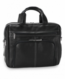 Here's looking at leather. Enjoy the rich luxury of full-grain leather everyday with this versatile, stylish business companion. A top-zip portfolio design expands to accommodate your needs and also opens to reveal an organizer, open-top accessory pockets, padded laptop pocket, file divider and more. Lifetime warranty.