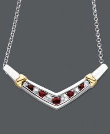 Shapely design with a bold touch of color. This v-shaped necklace features alternating, round-cut rubies (3/8 ct. t.w.) and white sapphires (3/8 ct. t.w.) in a polished sterling silver setting with 14k gold accents. Approximate length: 18 inches. Approximate drop: 1-1/2 inches. Shapely design with a bold touch of color. This v-shaped necklace features alternating, round-cut rubies (3/8 ct. t.w.) and white sapphires (3/8 ct. t.w.) in a polished sterling silver setting with 14k gold accents. Approximate length: 18 inches. Approximate drop: 1-1/2 inches.