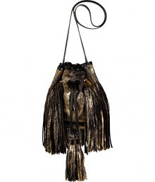 Set your style points soaring this season with Sara Battaglias statement drawstring shoulder bag, detailed with a crackle metallic finish for edgy results guaranteed to make an impact - Navy leather with allover gold-toned crackle finish, black leather trim and removable shoulder strap, oversized tassels around drawstring, silver-toned hardware and chainlink handles, studded trim around the top, green satin lining - Carry with edgy separates or as a sartorial finish to cocktail dresses Set your style points soaring this season with Sara Battaglias statement drawstring shoulder bag, detailed with a crackle metallic finish for edgy results guaranteed to make an impact - Navy leather with allover gold-toned crackle finish, black leather trim and removable shoulder strap, oversized tassels around drawstring, silver-toned hardware and chainlink handles, studded trim around the top, green satin lining - Carry with edgy separates or as a sartorial finish to cocktail dresses