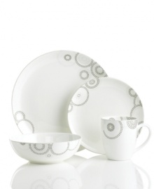 Tiny squares with a hint of shine run circles around this glossy white vegetable bowl from Mikasa dinnerware. These dishes are from a fresh, spirited collection that's made for modern tables. Sparkle Circles features minimalist shapes in sturdy bone china for anytime use. Tiny squares with a hint of shine run circles around this glossy white vegetable bowl from Mikasa dinnerware. These dishes are from a fresh, spirited collection that's made for modern tables. Sparkle Circles features minimalist shapes in sturdy bone china for anytime use.