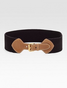 A wide, cotton elastic design with a beautifully supple leather buckle and goldtone metal buckle. Width, about 3Made in Italy A wide, cotton elastic design with a beautifully supple leather buckle and goldtone metal buckle. Width, about 3Made in Italy