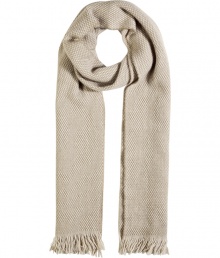 Wrap yourself up in ultra-luxe style with this muted-hue cashmere scarf from Jil Sander - Easy-to-style length, fringed ends, textured knit - Style with an elevated jeans-and-tee ensemble or a printed mini-dress and ribbed tights Wrap yourself up in ultra-luxe style with this muted-hue cashmere scarf from Jil Sander - Easy-to-style length, fringed ends, textured knit - Style with an elevated jeans-and-tee ensemble or a printed mini-dress and ribbed tights