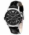 Step up your style with this handsome watch by Emporio Armani. Black croc-embossed leather strap and round stainless steel case. Black dial with silvertone stick indices, logo, date window and three subdials. Quartz movement. Water resistant to 50 meters. Two-year limited warranty.