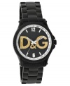 Make your mark with distinctive design. Watch by D&G crafted of black ion-plated stainless steel bracelet and round case. Black grid-patterned dial features white minute track, white numerals and stick indices, large cut-out logo revealing inner gold tone gears and thre hands. Quartz movement. Water resistant to 30 meters. Two-year limited warranty.