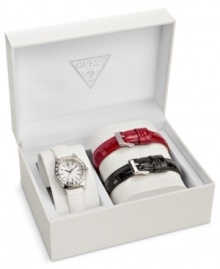 Change your style on the fly with this chic interchangeable watch set from GUESS.