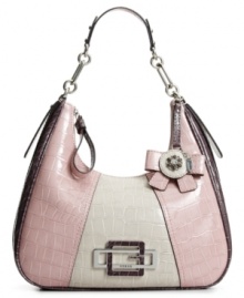 The classic hobo silhouette gets a high-style makeover. An embossed crocodile print exterior with signature hardware and a feminine bow charm decorate this GUESS bag for undeniable style. The classic hobo silhouette gets a high-style makeover. An embossed crocodile print exterior with signature hardware and a feminine bow charm decorate this GUESS bag for undeniable style.