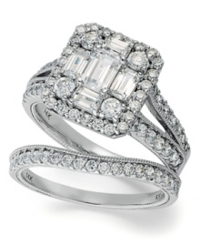 A true sight to see, Emerelle Collection's truly unique ring set features an engagement ring with round and emerald-cut diamonds in a square pattern, as well a split-band design accented by diamonds. A complementary wedding band features a seamless row of round-cut diamonds as well (total 2-1/4 ct. t.w.). Crafted in 14k white gold. A true sight to see, Emerelle Collection's truly unique ring set features an engagement ring with round and emerald-cut diamonds in a square pattern, as well a split-band design accented by diamonds. A complementary wedding band features a seamless row of round-cut diamonds as well (total 2-1/4 ct. t.w.). Crafted in 14k white gold.