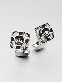 Undeniably stylish cuff links custom-fit for a king and designed in rhodium-plated brass with an enamel center and Swarovski crystal accents.Brass/enamel/Swarovski crystalsAbout ½ x ¾Made in the United Kingdom Undeniably stylish cuff links custom-fit for a king and designed in rhodium-plated brass with an enamel center and Swarovski crystal accents.Brass/enamel/Swarovski crystalsAbout ½ x ¾Made in the United Kingdom