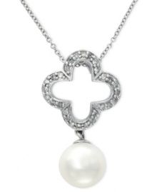 Opulent and ornate with good luck charm to spare, EFFY Collection's cut-out clover pendant shines with round-cut diamond edges (1/4 ct. t.w.) and a cultured freshwater pearl drop (8 mm). Set in 14k white gold. Approximate length: 18 inches. Approximate drop: 1-1/3 inches. Opulent and ornate with good luck charm to spare, EFFY Collection's cut-out clover pendant shines with round-cut diamond edges (1/4 ct. t.w.) and a cultured freshwater pearl drop (8 mm). Set in 14k white gold. Approximate length: 18 inches. Approximate drop: 1-1/3 inches.