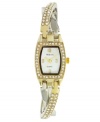 Get twisted up in the chic style of this unique watch by Style&co. Two-tone mixed metal crossover bracelet with crystal accents and rectangular case. Bezel embellished with crystal accents. Mother-of-pearl dial features gold tone numerals at twelve, three, six and nine o'clock, three hands and logo. Quartz movement. Two-year limited warranty.