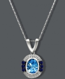 A pretty, blue palette. Le Vian's unique pendant combines a peaceful mix of oval-cut blue topaz (1-1/5 ct. t.w.) with round-cut sapphires (1/5 ct. t.w.) and diamonds (1/10 ct. t.w.) surrounding. Setting and chain crafted in 14k white gold. Approximate length: 18 inches. Approximate drop: 9/10 inch. A pretty, blue palette. Le Vian's unique pendant combines a peaceful mix of oval-cut blue topaz (1-1/5 ct. t.w.) with round-cut sapphires (1/5 ct. t.w.) and diamonds (1/10 ct. t.w.) surrounding. Setting and chain crafted in 14k white gold. Approximate length: 18 inches. Approximate drop: 9/10 inch.