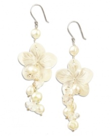 Floral etiquette. Sweet clusters of cultured freshwater pearls (6-7 mm), cultured Mother of Pearl (5-9/10 mm) and sparkling crystals form a pretty floral shape. Set in sterling silver. Approximate drop: 2 inches. Floral etiquette. Sweet clusters of cultured freshwater pearls (6-7 mm), cultured Mother of Pearl (5-9/10 mm) and sparkling crystals form a pretty floral shape. Set in sterling silver. Approximate drop: 2 inches.