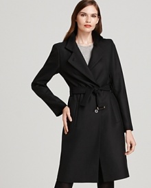 Make a modern statement in this BOSS Black stretch wool coat, designed with a flattering belted waist and sleek leather undercollar.