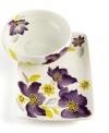 A bouquet of color from Laurie Gates, the Anna Lily completer set blooms in rich violet and bright, sunny yellow. Hand-painted blossoms take root in a round serving bowl and rectangular platter for casual meals and entertaining.