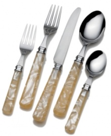 Set and style the table. This chic Mikasa flatware pairs acrylic handles marbled with warm ivory tones and luxe stainless steel to make a bold statement. Set and style the table. This chic Mikasa flatware pairs acrylic handles marbled with warm ivory tones and luxe stainless steel to make a bold statement.