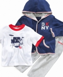 Turn the volume up on his everyday style with this rockin' t-shirt, hoodie and pant set from DKNY. Turn the volume up on his everyday style with this rockin' t-shirt, hoodie and pant set from DKNY.