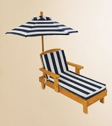 Perfect for lounging and dreaming, this sturdy wooden construction is weather resistant and includes a classic striped umbrella and chaise cushion to keep your little ones covered and comfortable.Chaise is constructed from Sanmu wood and foamMatching canvas umbrella and chaise cushionChaise: 19.5L X 35.9W X 20.1HUmbrella: 30 diameterImported