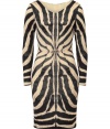 Savage-inspired style goes ultra-luxe with this zebra print draped dress from Roberto Cavalli - Round neck, long sleeves, sculptural tailored pleating at front and back waist with brass-tone charm, fitted silhouette, concealed side zip closure - Style with a slim trench, sky-high platforms, and a studded clutch