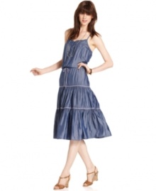 Shine on this this silky chambray denim dress from DKNY Jeans. Pair it with wedge sandals for a vintage-inspired look! Shine on this this silky chambray denim dress from DKNY Jeans. Pair it with wedge sandals for a vintage-inspired look!