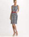 A graphic allover print and bow-topped belt give this gorgeous sheath head-turning style.Square neckSleevelessSide-zip closureButton detail at backBelted waistAbout 25 from natural waistSilkDry cleanMade in USA of Italian fabric