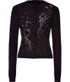 Revel in ladylike luxe this season with Valentinos black wool cardigan - Lighter, sumptuously soft summer weight material - On-trend, elegant floral embroidery - Round neck, long sleeves and full button placket - Slim, feminine silhouette tapers at waist - Pair with pencil skirts, wide leg trousers or cropped cigarette pants and heels