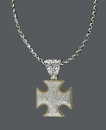 Incorporate spiritual belief into your style. Balissima by Effy Collection's medieval-inspired cross pendant features an intricate design including a scrolling filigree bail, an 18k gold outline, a toggle clasp and sparkling round-cut diamonds (1/2 ct. t.w.). Crafted in sterling silver. Approximate length: 18 inches. Approximate drop: 1-3/4 inches x 1 inch. Incorporate spiritual belief into your style. Balissima by Effy Collection's medieval-inspired cross pendant features an intricate design including a scrolling filigree bail, an 18k gold outline, a toggle clasp and sparkling round-cut diamonds (1/2 ct. t.w.). Crafted in sterling silver. Approximate length: 18 inches. Approximate drop: 1-3/4 inches x 1 inch.