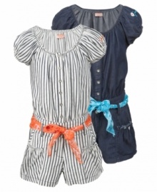 She'll love to strut around in style when she's wearing this Guess romper and sash. She'll love to strut around in style when she's wearing this Guess romper and sash.