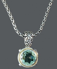 Vintage inspiration. Balissima by Effy Collection presents a beautiful antique-themed pendant highlighting a round-cut green quartz (5 ct. t.w.). Setting crafted from sterling silver with intricate 18k gold rope edges. Approximate length: 18 inches. Approximate drop length: 1 inch. Approximate drop width: 5/8 inch. Vintage inspiration. Balissima by Effy Collection presents a beautiful antique-themed pendant highlighting a round-cut green quartz (5 ct. t.w.). Setting crafted from sterling silver with intricate 18k gold rope edges. Approximate length: 18 inches. Approximate drop length: 1 inch. Approximate drop width: 5/8 inch.