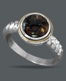 Make a bold statement with a vibrant cocktail ring. Balissima by Effy Collection's stunning style features a round-cut smokey quartz (1-3/4 ct. t.w.) set in sterling silver with intricate rope edges crafted from 14k gold. Size 7. Make a bold statement with a vibrant cocktail ring. Balissima by Effy Collection's stunning style features a round-cut smokey quartz (1-3/4 ct. t.w.) set in sterling silver with intricate rope edges crafted from 14k gold. Size 7.