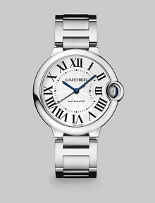 From the Ballon Bleu de Cartier Collection. This fresh timepiece from a legendary maker is a beautiful blend of classical shapes and futuristic details. Automatic movementWater resistant to 3 ATMRound stainless steel case, 36mm (1.4)Smooth bezelSilvered opaline and guilloché dialRoman numeral hour markersDate display at 6 o'clockSecond hand Stainless steel link braceletMade in Switzerland From the Ballon Bleu de Cartier Collection. This fresh timepiece from a legendary maker is a beautiful blend of classical shapes and futuristic details. Automatic movementWater resistant to 3 ATMRound stainless steel case, 36mm (1.4)Smooth bezelSilvered opaline and guilloché dialRoman numeral hour markersDate display at 6 o'clockSecond hand Stainless steel link braceletMade in Switzerland