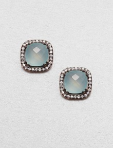 Faceted, cushion-cut chalcedony stones surrounded by dazzling white sapphires set in 14k rose gold. ChalcedonyWhite sapphire14k rose goldSize, about .3 Post backMade in USA Faceted, cushion-cut chalcedony stones surrounded by dazzling white sapphires set in 14k rose gold. ChalcedonyWhite sapphire14k rose goldSize, about .3 Post backMade in USA