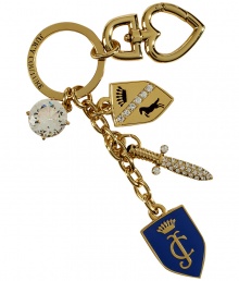 Add instant style to the everyday with this chic multi-charm logo keychain from Juicy Couture - Shield, sword, and crest gold-tone charms with crystal details - Perfect for daily use or as a thoughtful gift Add instant style to the everyday with this chic multi-charm logo keychain from Juicy Couture - Shield, sword, and crest gold-tone charms with crystal details - Perfect for daily use or as a thoughtful gift