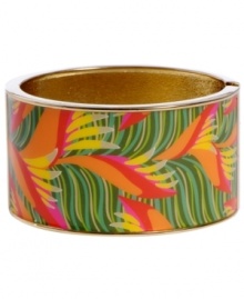 Infuse your look with the bold colors and exotic prints of Brasil. Crafted in gold tone mixed metal Haskell's Leaf bangle features orange, fuchsia, yellow and green leaf details and a hinge clasp. Approximate diameter: 2-1/2 inches. Approximate length: 8 inches. Item comes packaged in an orange gift box.