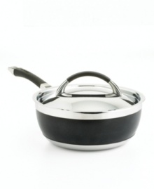 This Anolon saucier impresses with superb materials and sloping sides to help whisk sauces and other liquid ingredients. Three layers of metal compose the exceptional body: a thick inner core of quick and even heating aluminum is sandwiched between gleaming stainless steel. Limited lifetime warranty. This Anolon saucier impresses with superb materials and sloping sides to help whisk sauces and other liquid ingredients. Three layers of metal compose the exceptional body: a thick inner core of quick and even heating aluminum is sandwiched between gleaming stainless steel. Limited lifetime warranty.