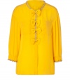 Super chic empire yellow bow embellished sheer top from D&G Dolce & Gabbana - Get noticed in this bold edgy-cool sheer blouse - Bow front detail, chain embellished neckline, front seam, and cuffs, front pockets at chest, 3/4-sleeves - Wear with cropped trousers and ankle booties