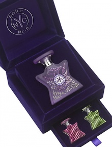 Stashed securely in the top drawer of a bi-level jewel box is a 1.7 oz. Swarovski gem-encrusted bottle of the Scent of Peace, its dove and curlicue design delicately traced with Swarovski stones. Down below are two miniature flacons both containing the Scent of Peace, covered all over in purple velvet and amethyst Swarovski gems. Made in USA. Stashed securely in the top drawer of a bi-level jewel box is a 1.7 oz. Swarovski gem-encrusted bottle of the Scent of Peace, its dove and curlicue design delicately traced with Swarovski stones. Down below are two miniature flacons both containing the Scent of Peace, covered all over in purple velvet and amethyst Swarovski gems. Made in USA.