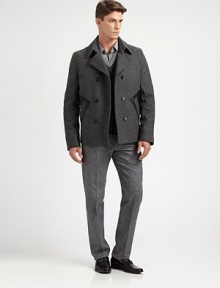 A double-breasted outerwear silhouette crafted in a superior wool blend, featuring leather pocket detailing for a uniquely tailored finish.Button-frontWaist slash pocketsFully linedAbout 27 from shoulder to hem80% wool/20% polyamideDry cleanImported A double-breasted outerwear silhouette crafted in a superior wool blend, featuring leather pocket detailing for a uniquely tailored finish.Button-frontWaist slash pocketsFully linedAbout 27 from shoulder to hem80% wool/20% polyamideDry cleanImported