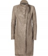 Luxurious jacket brings drama in textured sheepskin - Features a distressed look in an elegant beige color - Slim, slightly-fitted silhouette with stand-up collar and asymmetrical, concealed closure - Transitions for day to night effortlessly - Try with a pencil skirt or business suit in the day, or a sexy mini dress in the evening - Lifetime investment piece