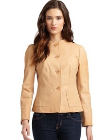 THE LOOKTonal seam detailingFront button closureDual patch pocketsTHE FITAbout 21 from shoulder to hemTHE MATERIALLeatherCARE & ORIGINClean by leather expertImportedModel shown is 5'9½ (176cm) wearing US size Small. THE LOOKTonal seam detailingFront button closureDual patch pocketsTHE FITAbout 21 from shoulder to hemTHE MATERIALLeatherCARE & ORIGINClean by leather expertImportedModel shown is 5'9½ (176cm) wearing US size Small.