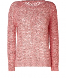 Stylish loose knit pullover in fine, pure coral-colored cotton - Elegant, lightweight open weave ideal for layering - Long sleeves and round neck - Straight, slim silhouette - Chunky rib trim at hem and cuffs - Casually cool, ideal for both work and play - Pair with a fitted tank or t-shirt and wear with jeans, chinos or a pencil skirt Stylish loose knit pullover in fine, pure coral-colored cotton - Elegant, lightweight open weave ideal for layering - Long sleeves and round neck - Straight, slim silhouette - Chunky rib trim at hem and cuffs - Casually cool, ideal for both work and play - Pair with a fitted tank or t-shirt and wear with jeans, chinos or a pencil skirt